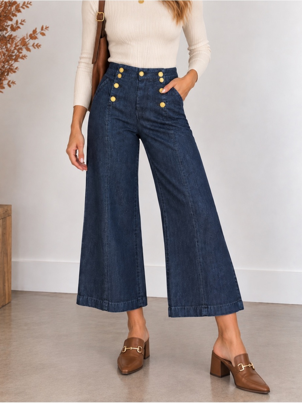 Kenar High Rise Sailor Button Cropped Wide Leg Jeans Dark Wash Size 6